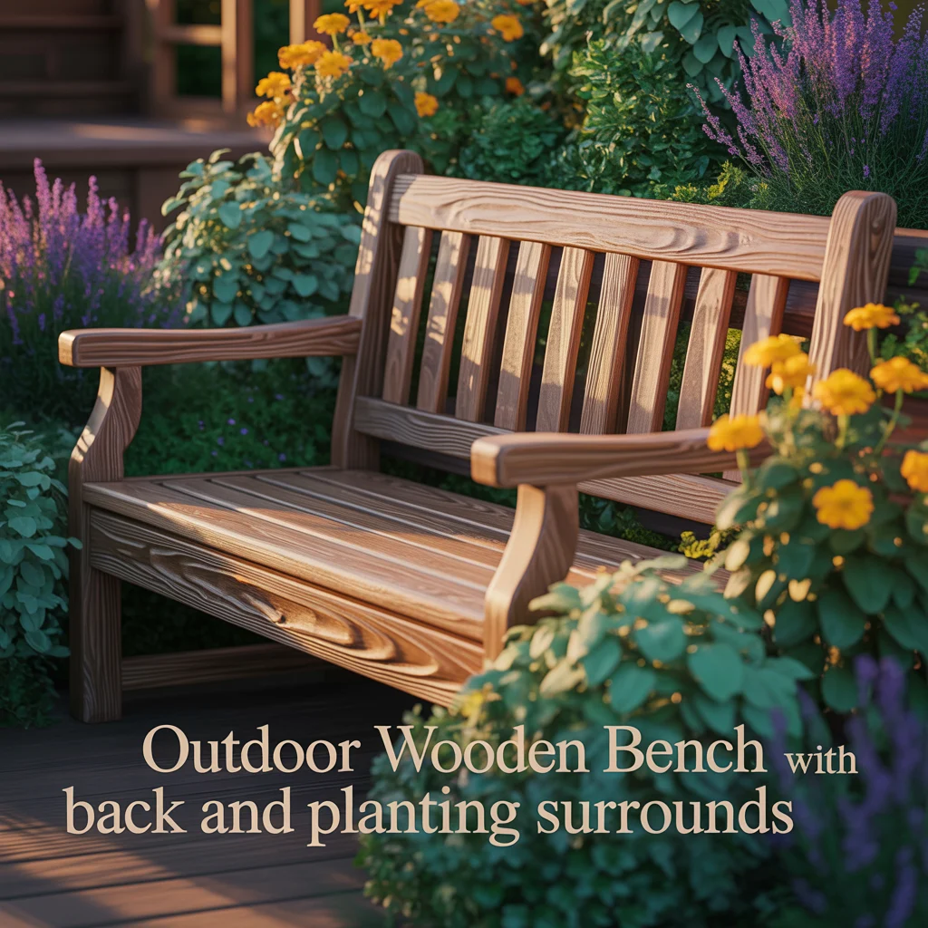 Outdoor Wooden Bench With Back and Planting Surrounds