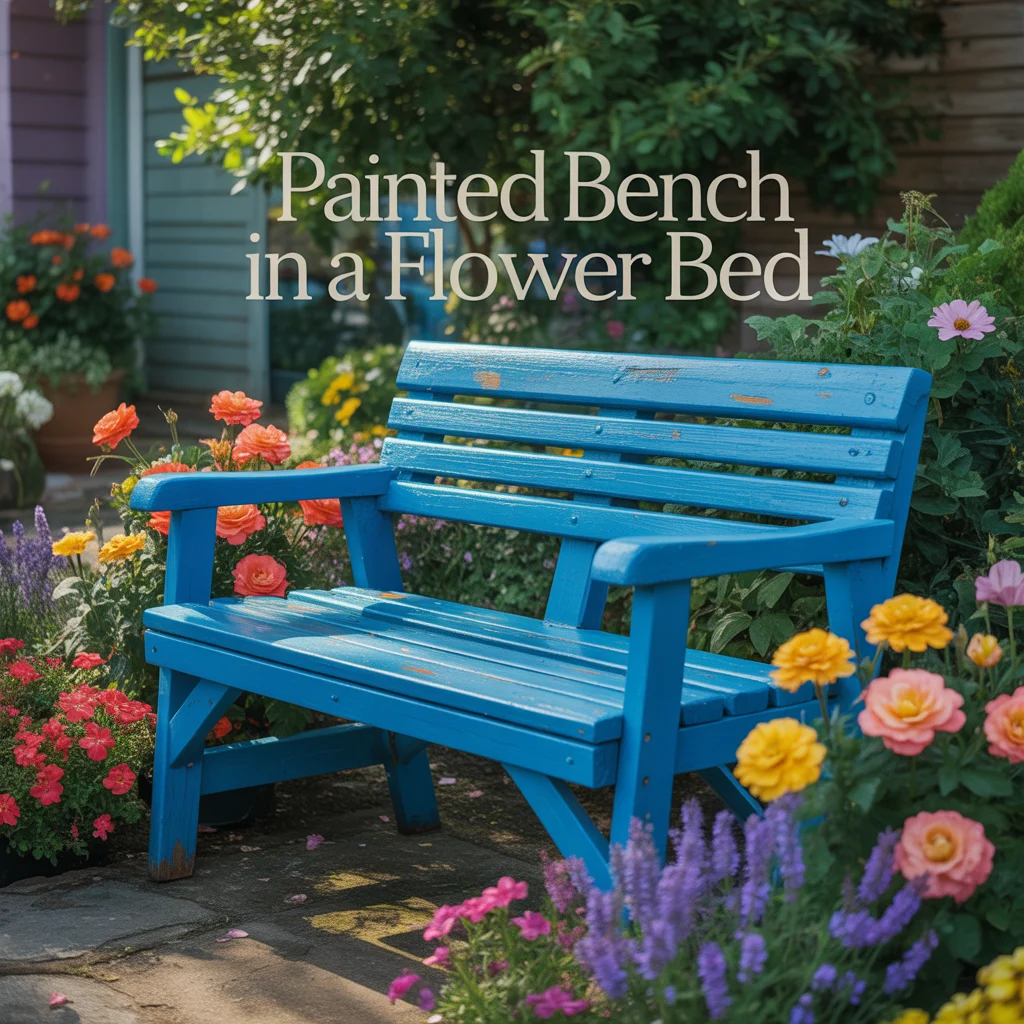 Painted Bench in a Flower Bed
