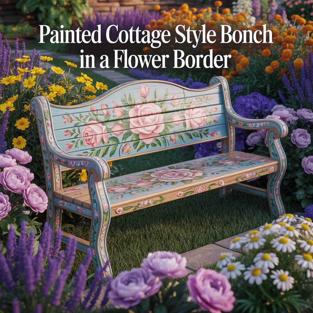 Painted Cottage Style Bench in a Flower Border