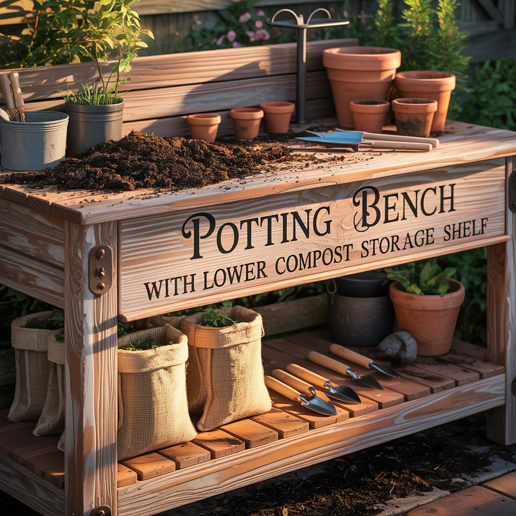 Potting Bench With Lower Compost Storage Shelf
