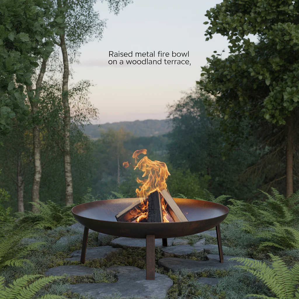 Raised Metal Fire Bowl on a Woodland Terrace