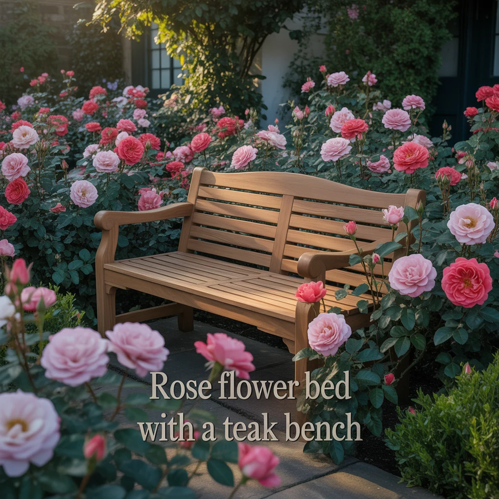 Rose Flower Bed With a Teak Bench