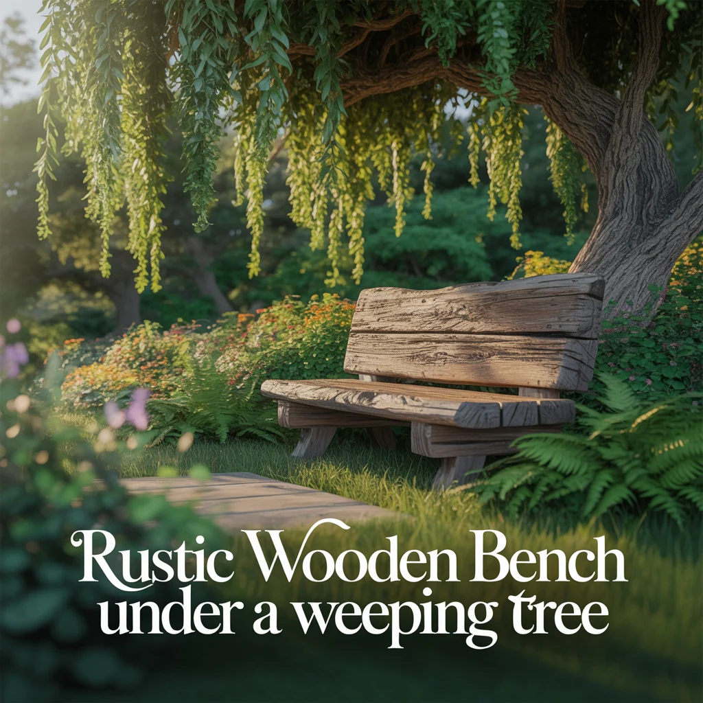 Rustic Wooden Bench Under a Weeping Tree