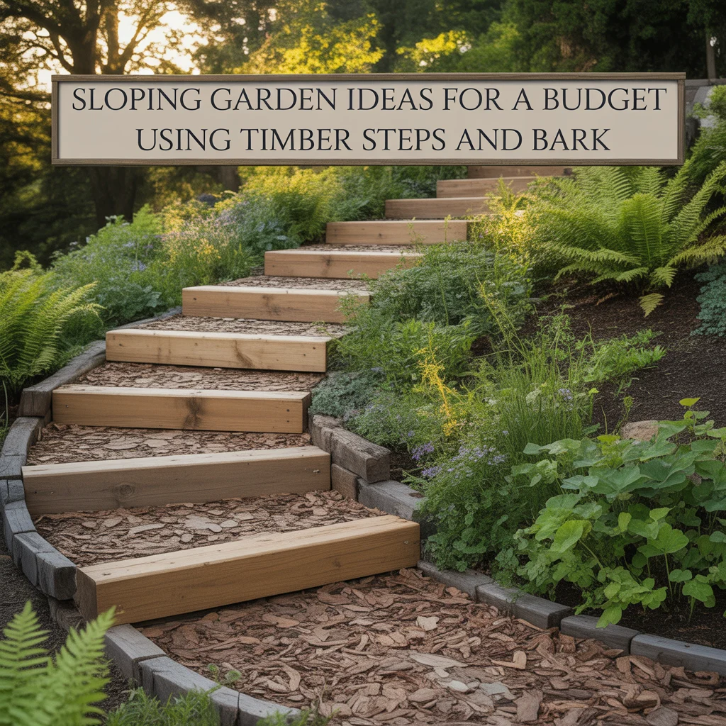 Sloping Garden Ideas for a Budget Using Timber Steps and Bark