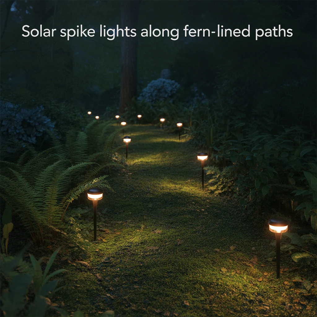 Solar Spike Lights Along Fern-Lined Paths