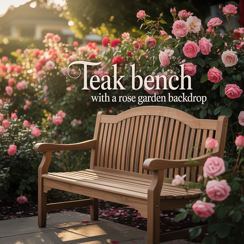 Teak Bench With a Rose Garden Backdrop