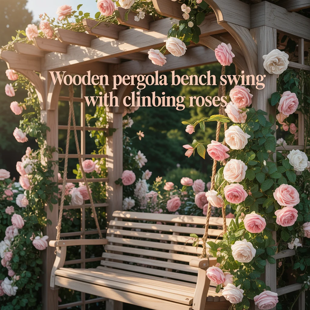 Wooden Pergola Bench Swing With Climbing Roses