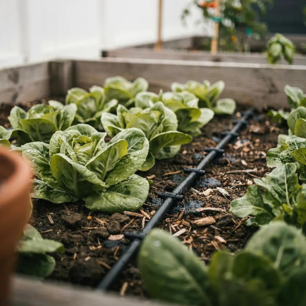 Garden drip irrigation line watering a lettuce bed with water droplets on healthy leaves