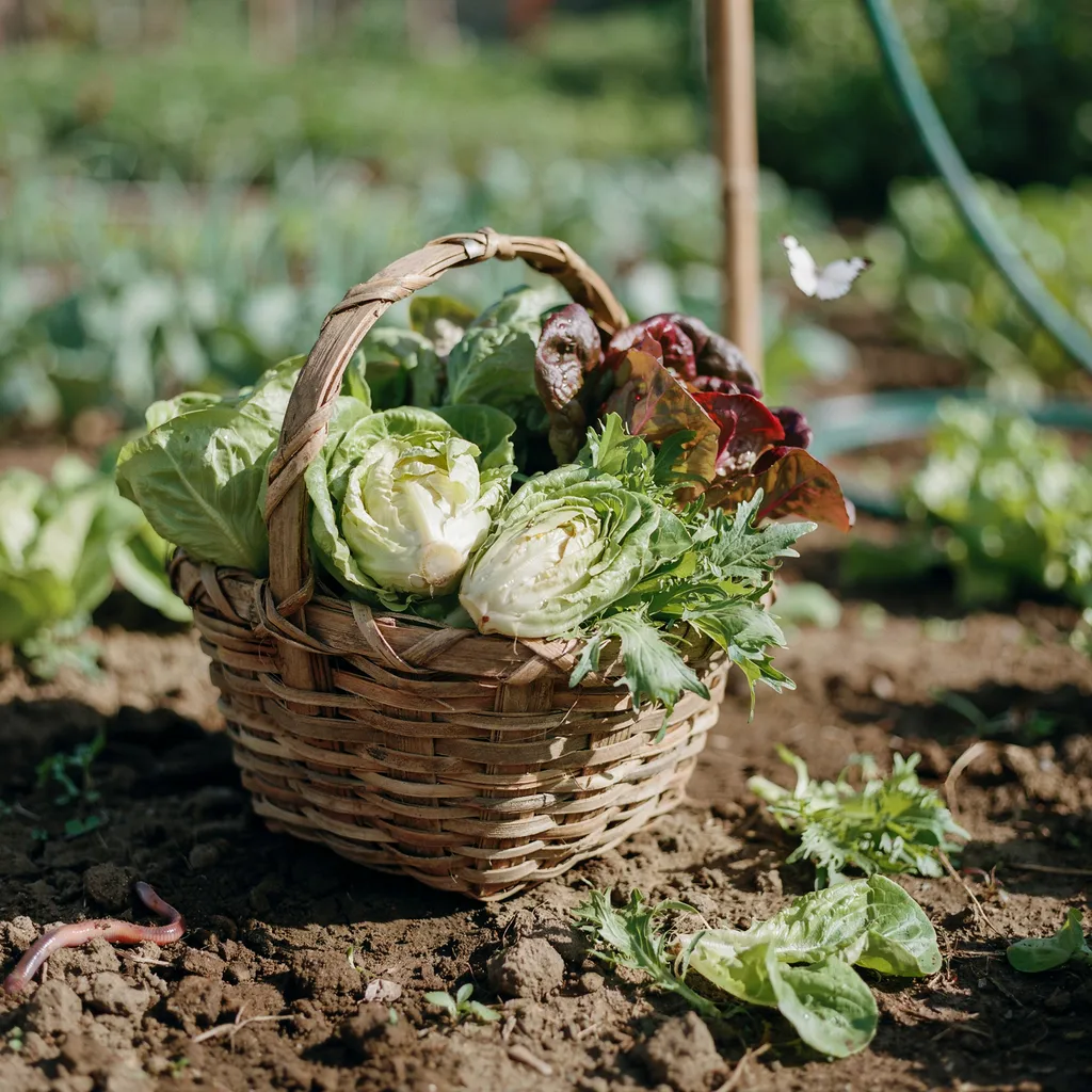 Freshly harvested lettuce heads piled in a wicker garden basket