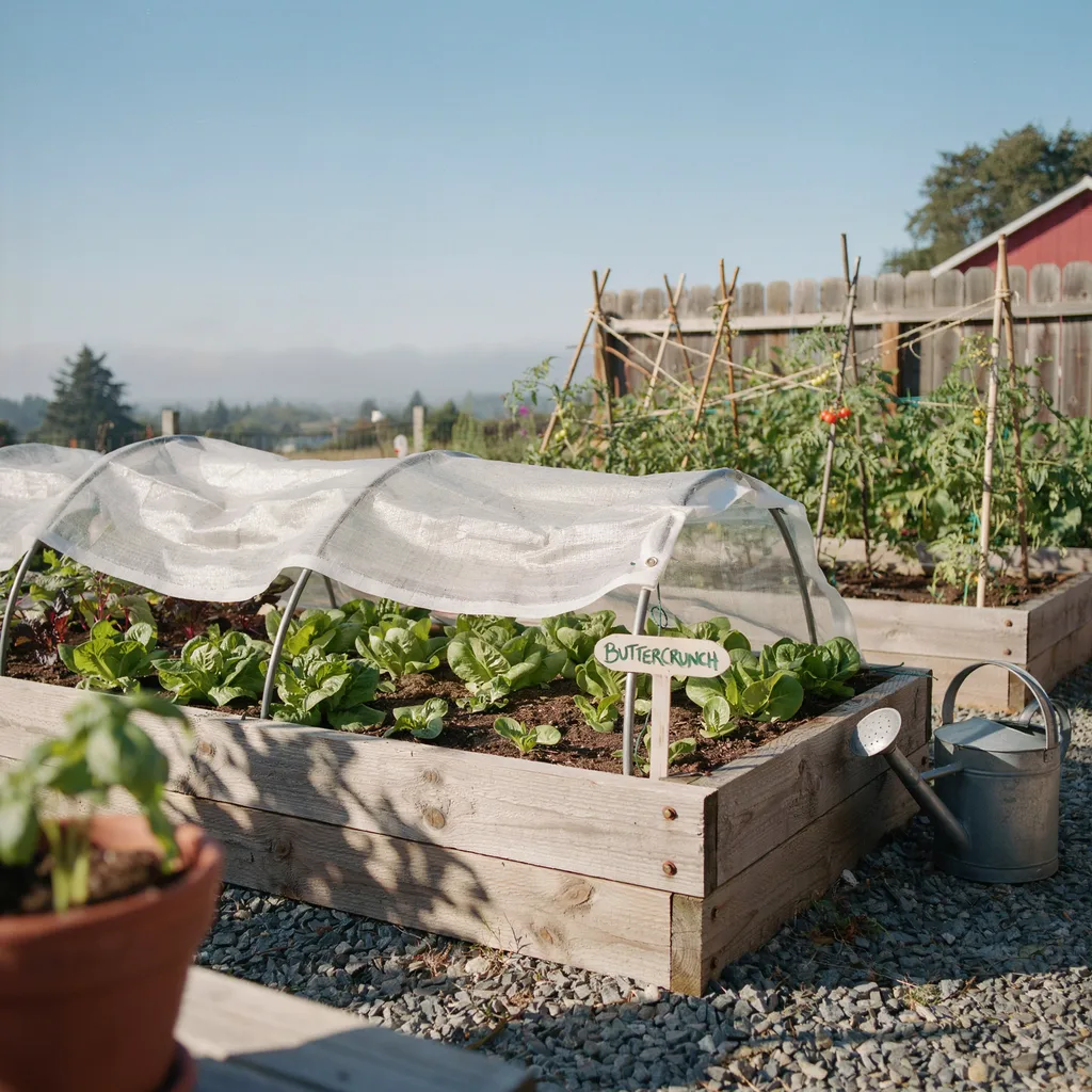 Raised garden bed with a hooped shade cloth structure installed over young lettuce rows