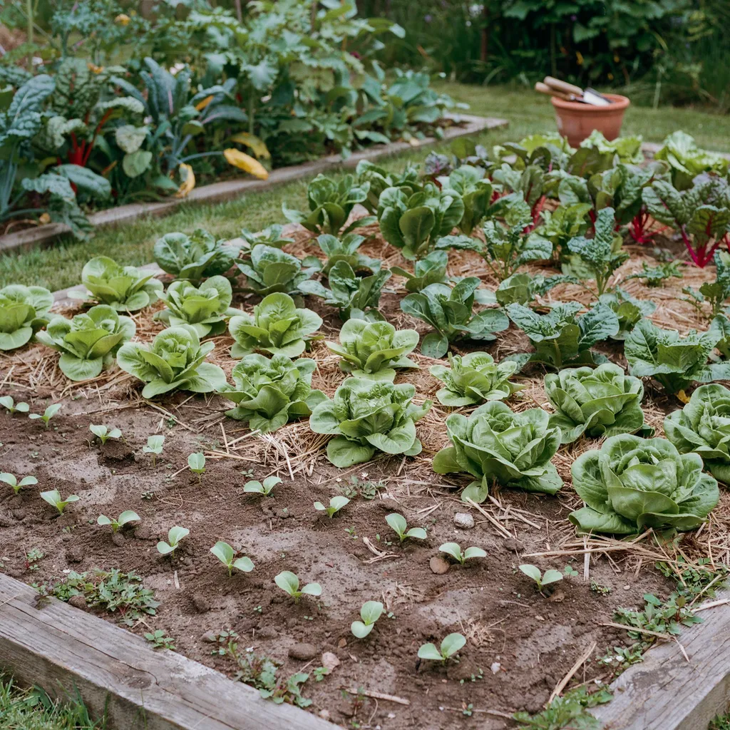 Vegetable garden bed showing lettuce plants at different growth stages in staggered rows