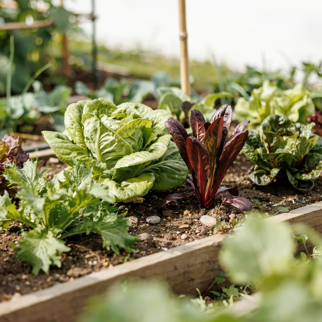 Several different lettuce varieties growing side by side in a garden bed
