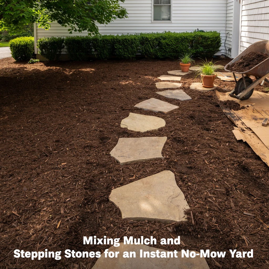 Mixing Mulch and Stepping Stones for an Instant No-Mow Yard