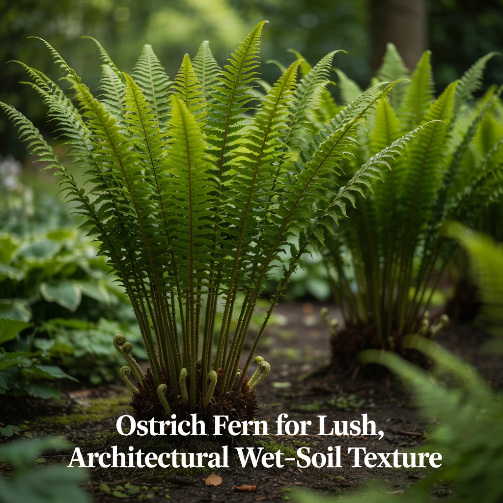 Ostrich Fern for Lush, Architectural Wet-Soil Texture