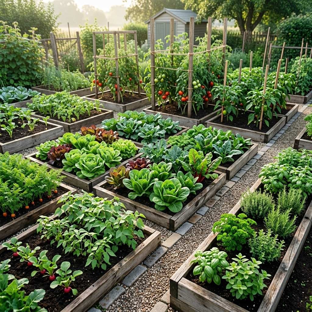 Raised garden beds with squares allocated to high-yield, high-value vegetable crops