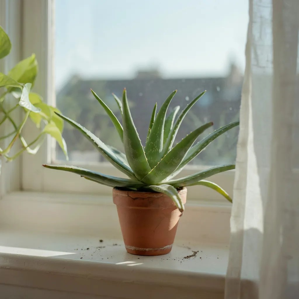 A compact, healthy aloe vera plant thriving in bright natural light