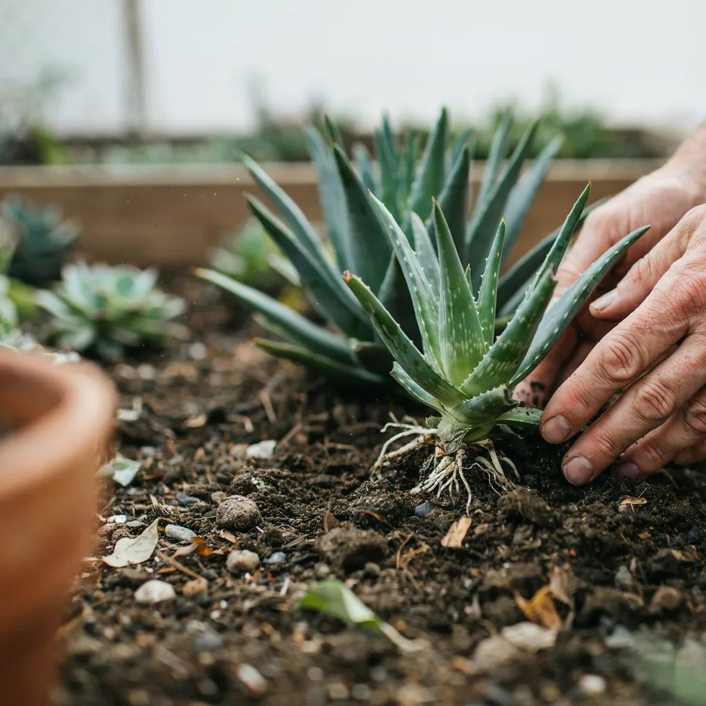 A gardener gently lifting soil to check the roots at the base of a small aloe vera pup