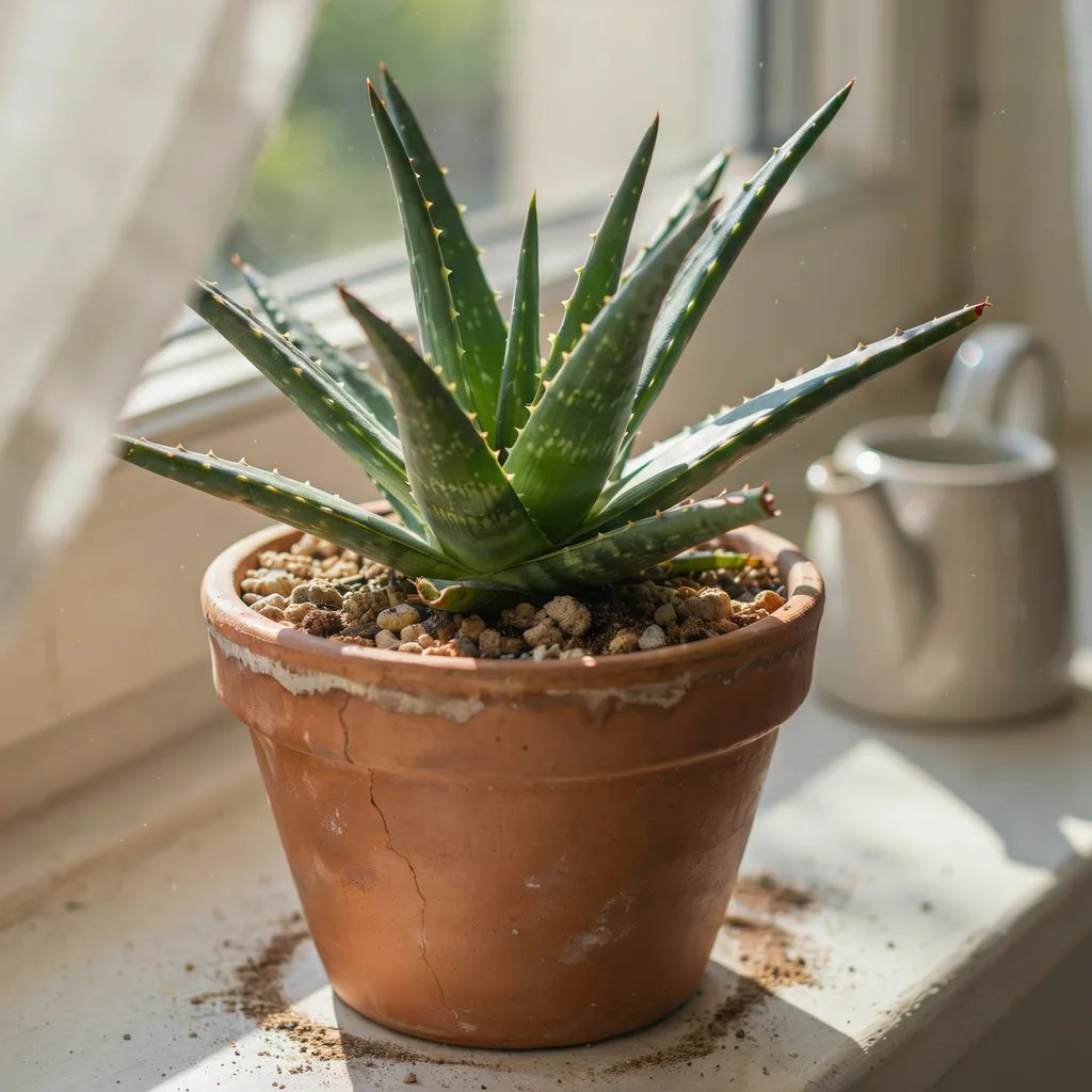 Dry succulent potting soil around a healthy aloe vera plant