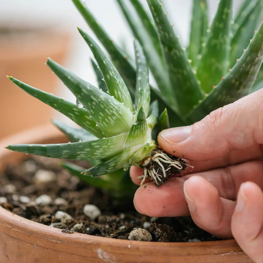 Examining the base of an aloe pup for root development before separation