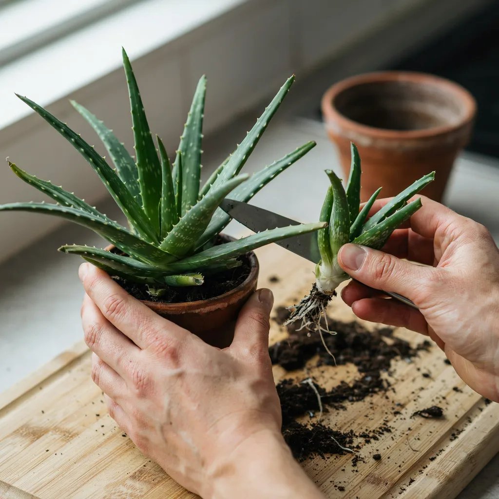 Hands carefully separating a rooted aloe vera pup from the parent plant