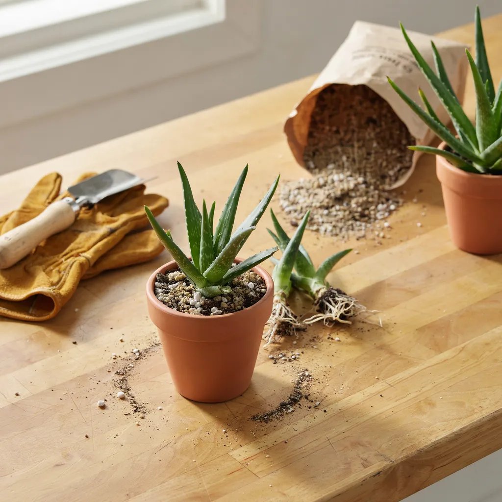 Aloe vera plants being potted in fast-draining cactus and succulent soil mix