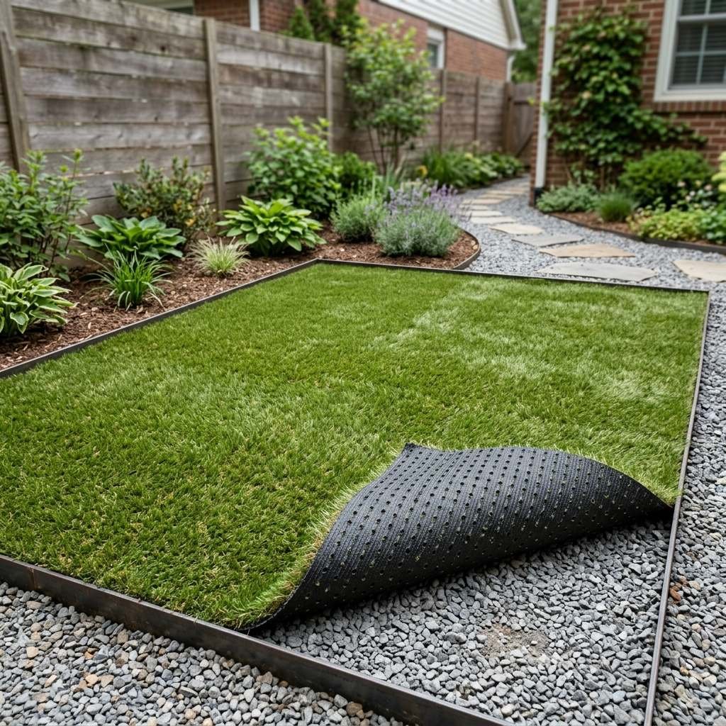 Artificial pet turf being installed over a drainage base in a backyard dog area