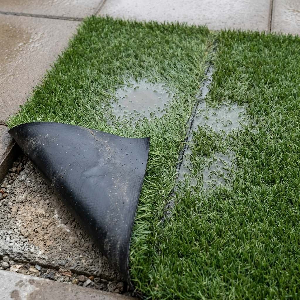 Artificial turf installed without proper drainage backing, showing pooling problems