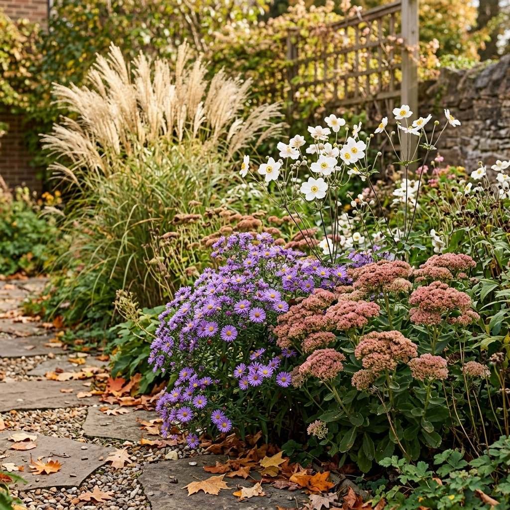 Late-season asters and autumn flowers extending colour into fall