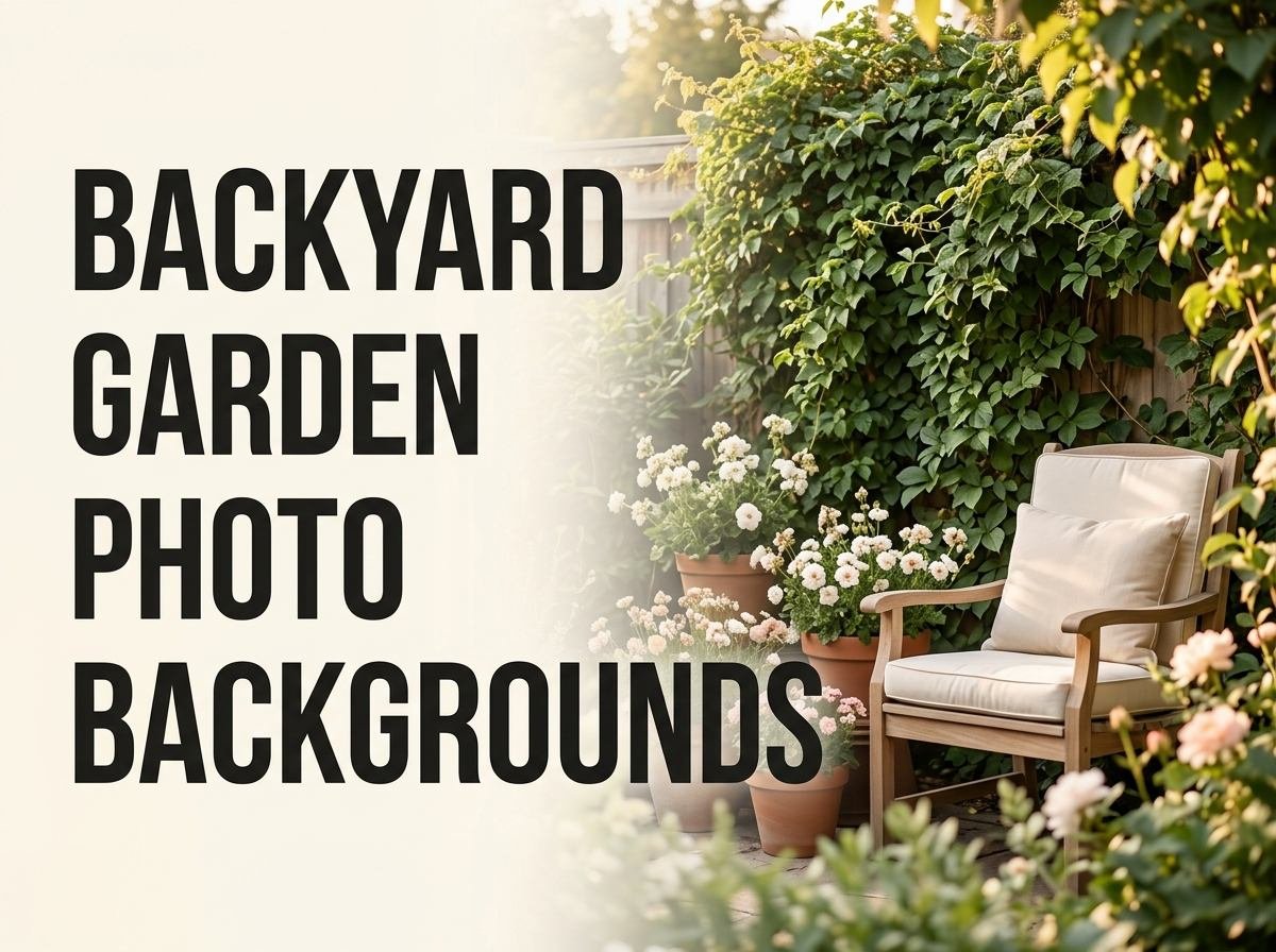 Backyard patio styled with layered greenery, string lights, and soft golden-hour light for a photogenic backdrop