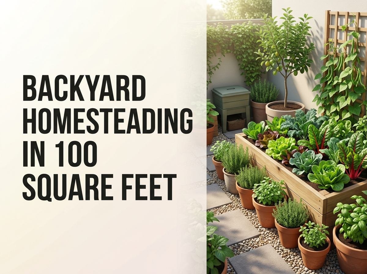 A compact backyard homestead plot packed with herbs, greens and a dwarf fruit tree in 100 square feet