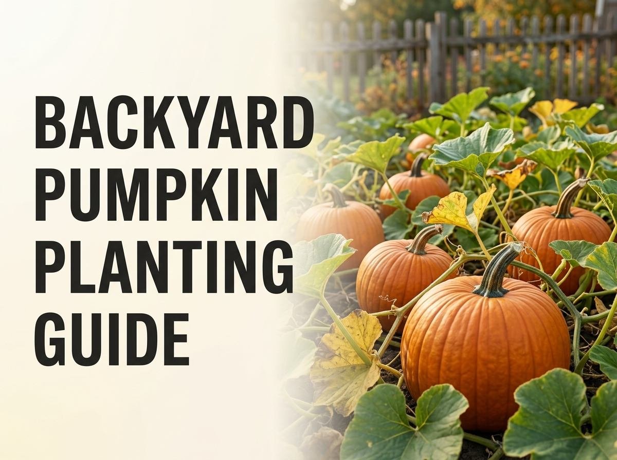 A backyard pumpkin patch with ripening pumpkins ready for a fall harvest