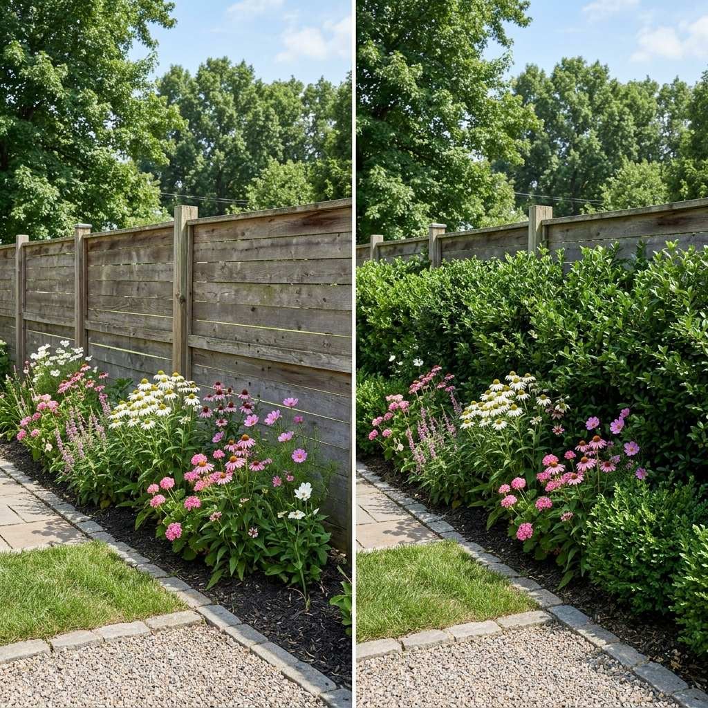 Comparison of the same backyard border with and without a planted background layer