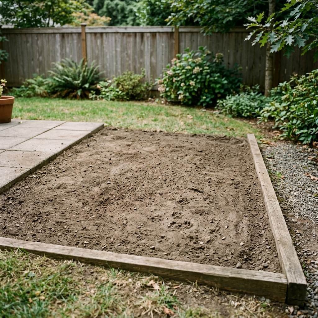 A compacted bare dirt dog area graded with a drainage slope