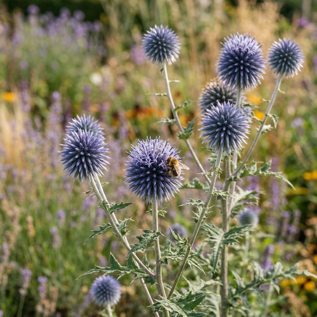 A bee visiting the steel-blue-purple globe of an echinops flower