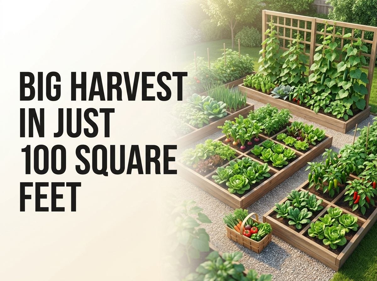 A compact 100 square foot raised bed garden producing a heavy vegetable harvest