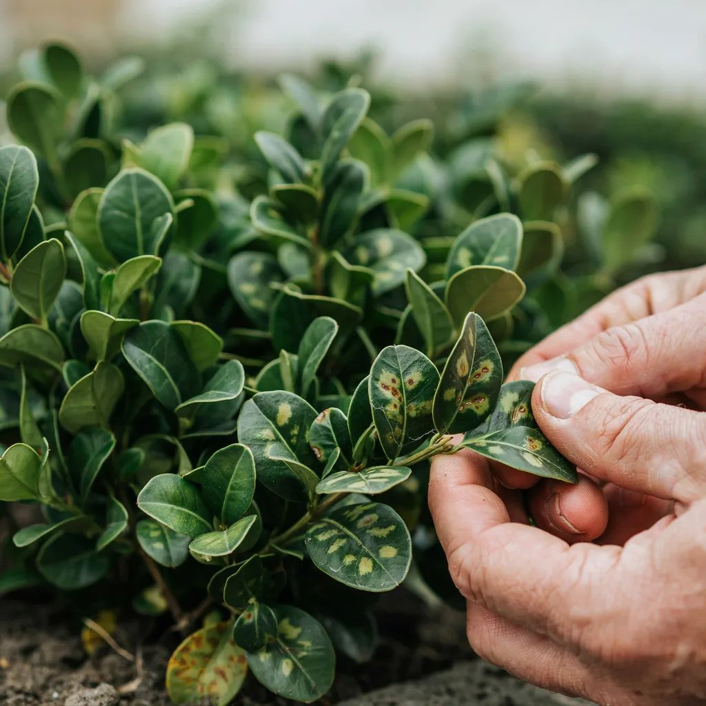 Close-up inspection of boxwood leaves checking for disease symptoms
