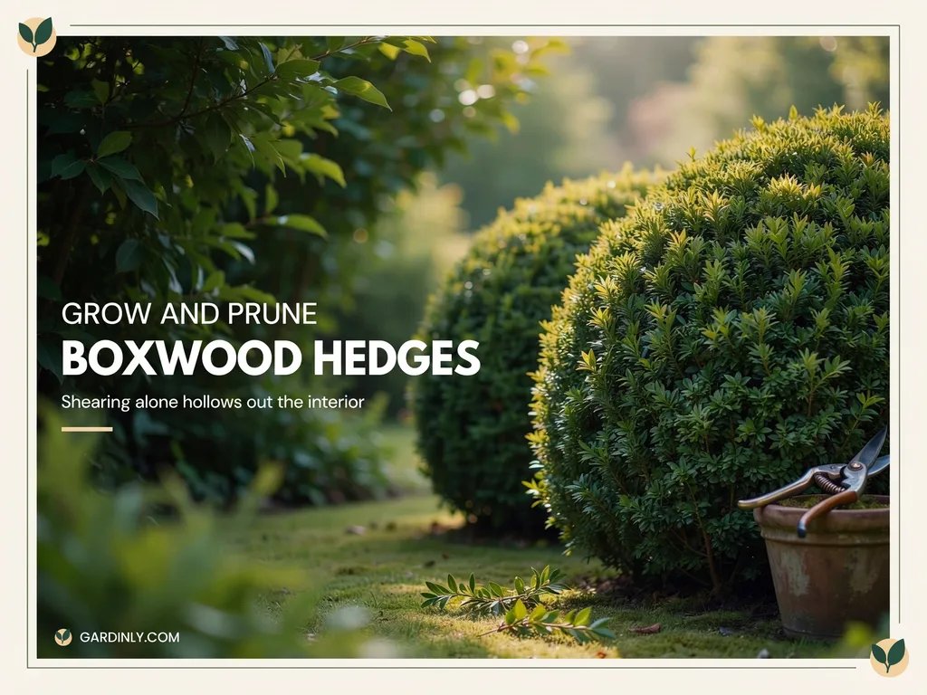 A well-maintained boxwood hedge with healthy interior growth from proper selective pruning