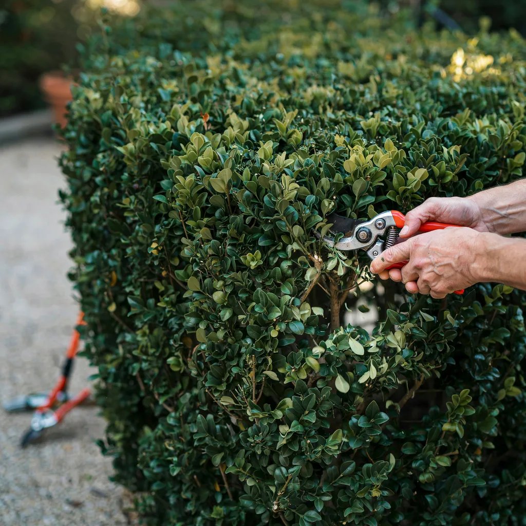 Hands making selective pruning cuts into a boxwood hedge to open small gaps for light