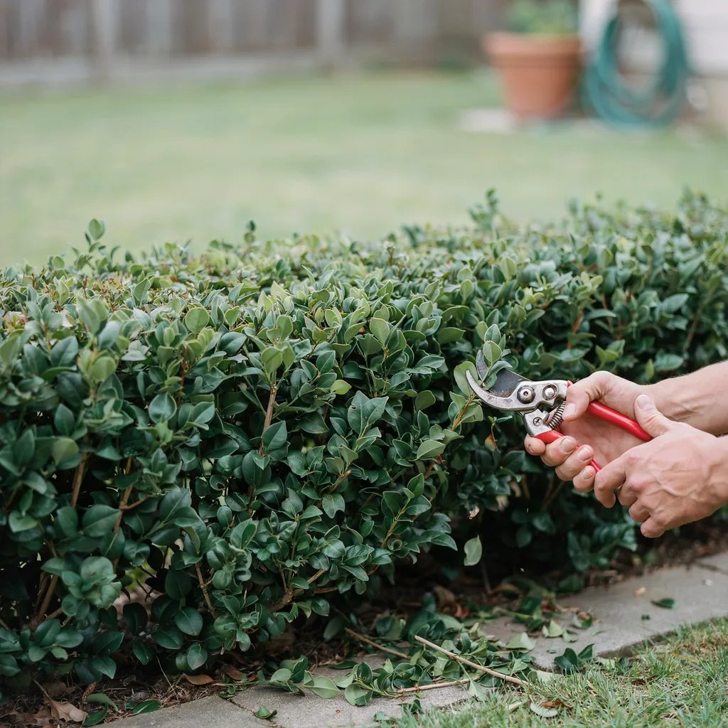 Hands lightly shearing a boxwood hedge with pruning shears to maintain shape