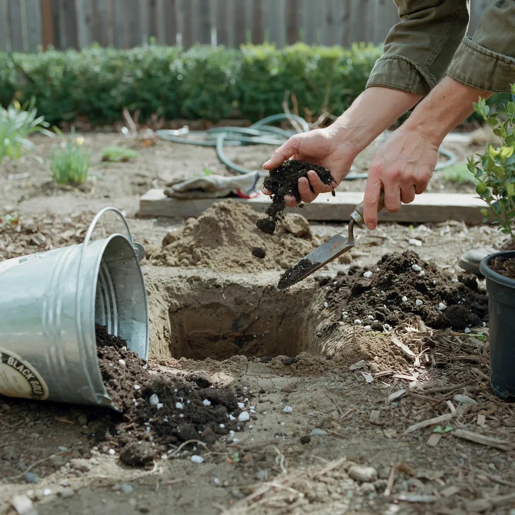 Well-draining soil being amended and prepared for planting a boxwood shrub