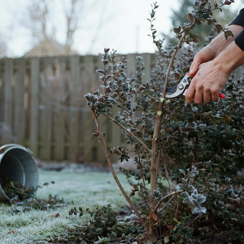 Hands performing structural pruning on a dormant boxwood shrub in late winter