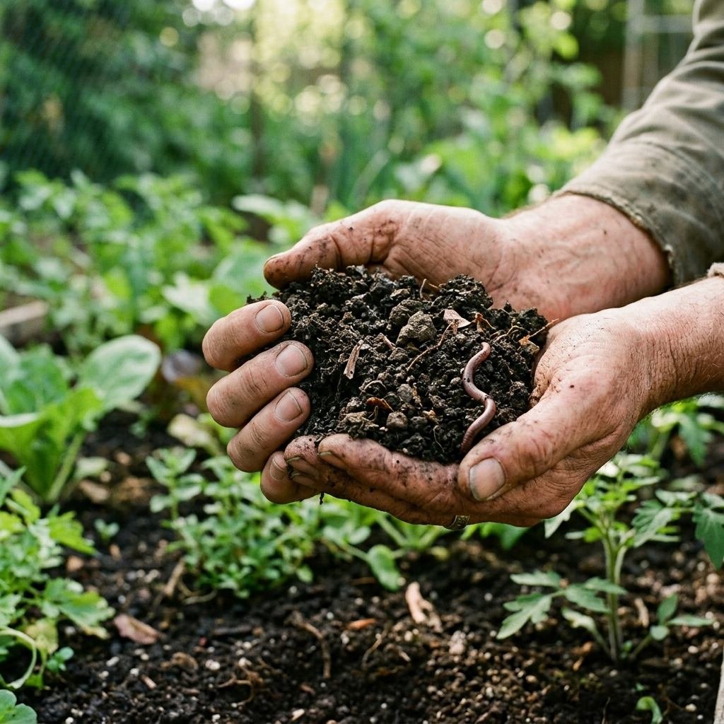 A gardener holding rich compost-amended soil from an organic vegetable bed
