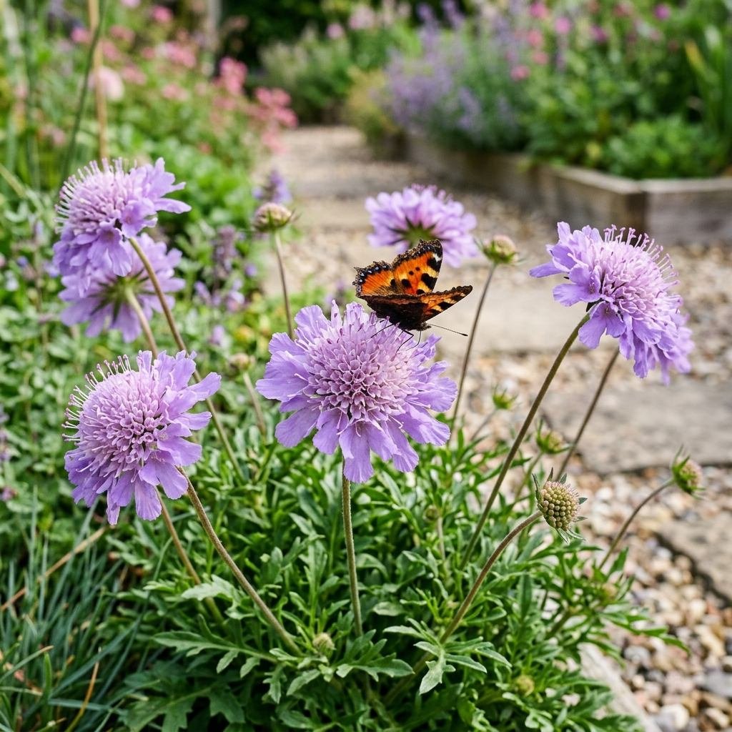 A butterfly resting on the pincushion bloom of a purple scabiosa