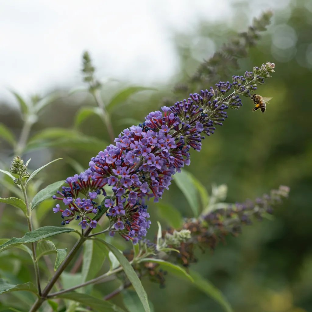 Close-up of a sterile butterfly bush cultivar with long purple flower spikes