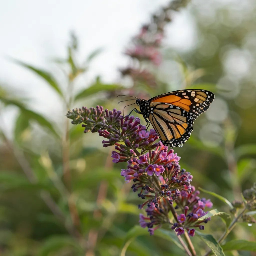 A butterfly feeding on nectar from a butterfly bush bloom