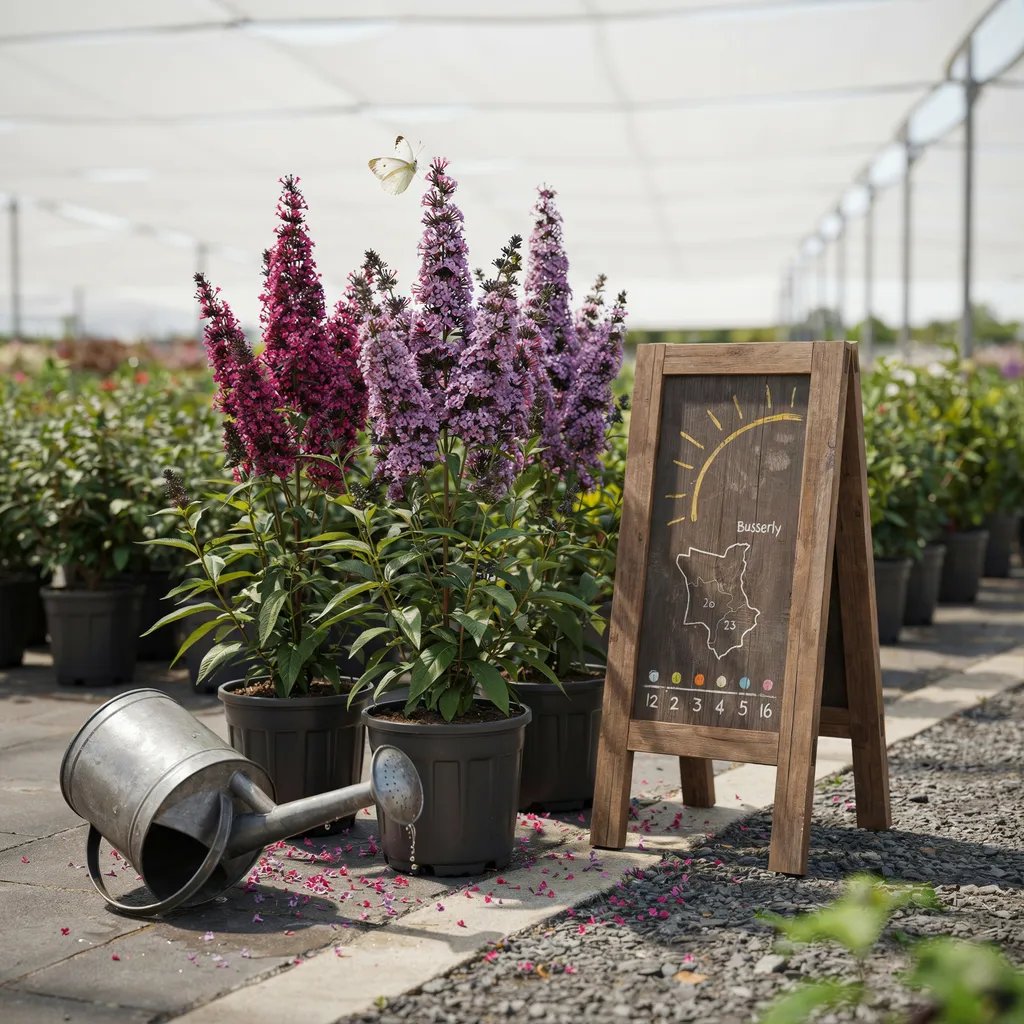 A garden center display showing butterfly bush plants with regional planting guidance signage