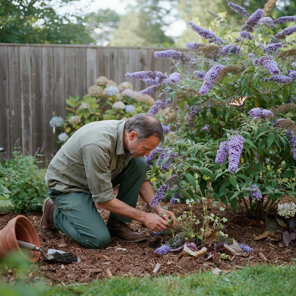 A gardener checking around a mature butterfly bush planting for unexpected seedlings