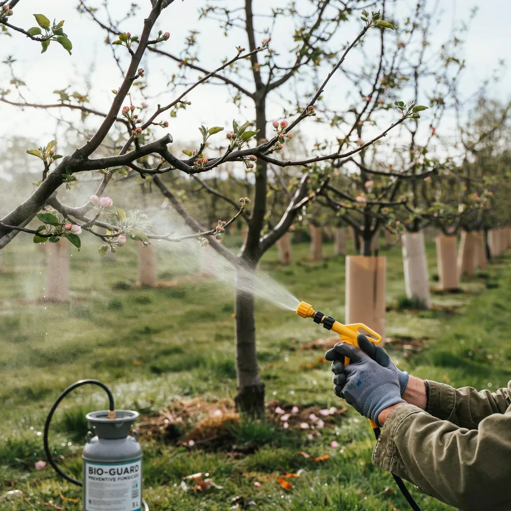 A gardener spraying preventive fungicide on an apple tree in early spring