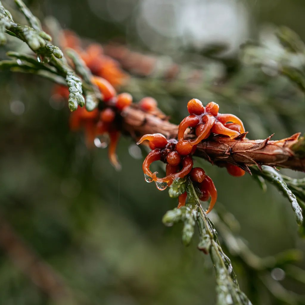 Close-up of orange, gelatinous, tentacle-like gall growths on a cedar or juniper branch after rain