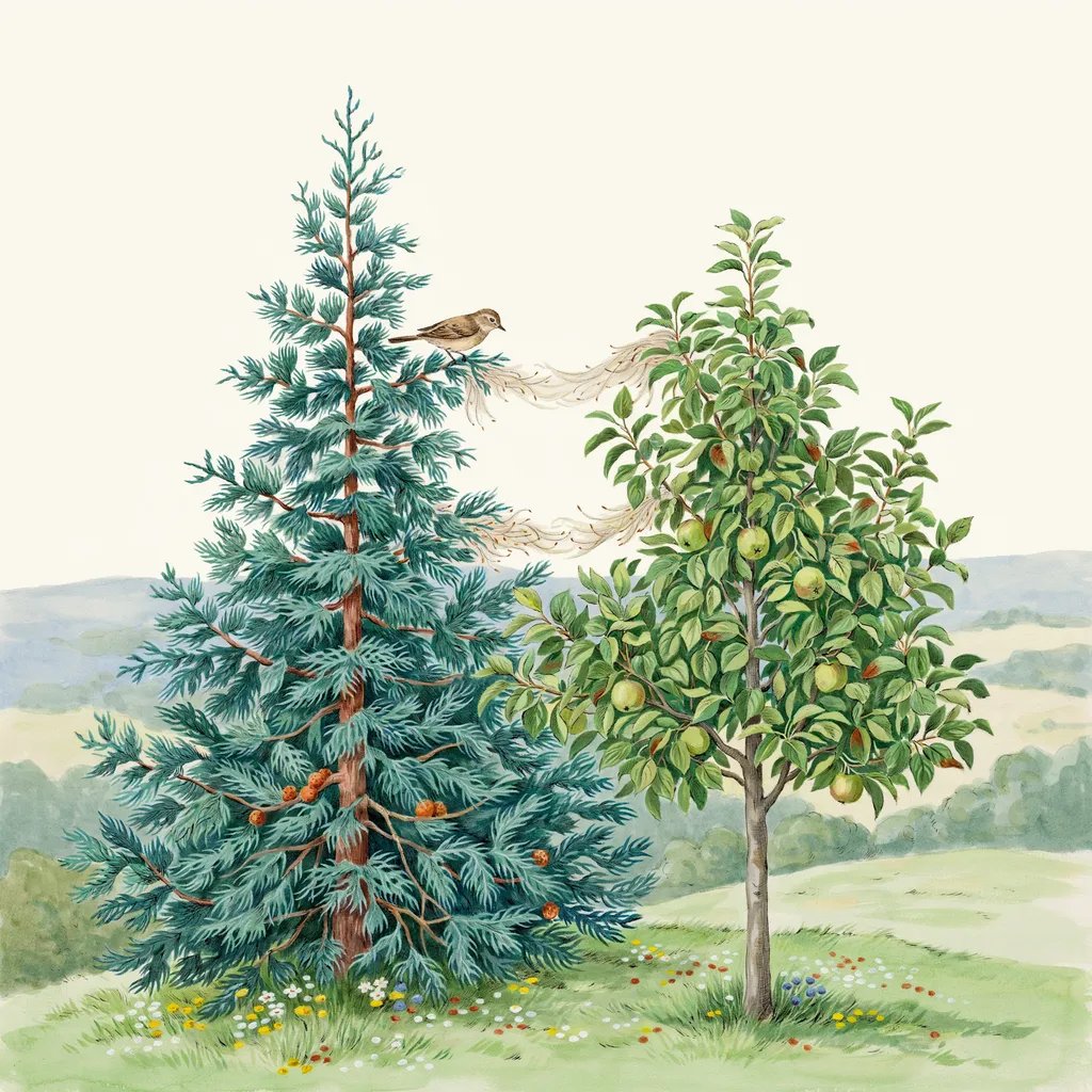 A cedar tree and an apple tree growing near each other in a landscape